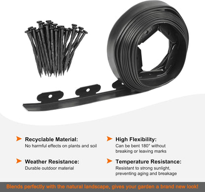 Garden Edging - 20 Feet Plastic Landscaping Edging Border with 18 PCS Spikes Apply to Flower Beds/Grass Lawn/Yard (20FT x 1.57IN, Black)
