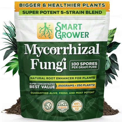 Mycorrhizal Fungi Organic Root Enhancer for Plants, Super Potent 100 Spores Per Gram, 5-Strain Blend, Rapid Results for Gardens, Houseplants, Lawns, Mycorrhizae Smart Grower 250 Grams for 250 Plants