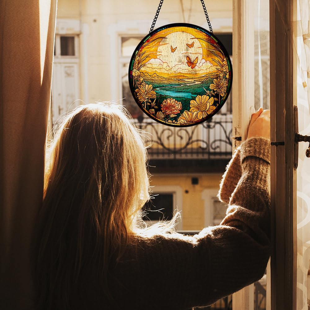 Yellow Butterfly Stained Glass Window Hanging with Floral, Stained Glass Window Decor for Indoor, Butterfly Hanging Glasses Ornament for Wall Decor, Glasses Gifts for Birthday, Xmas, Housewarming