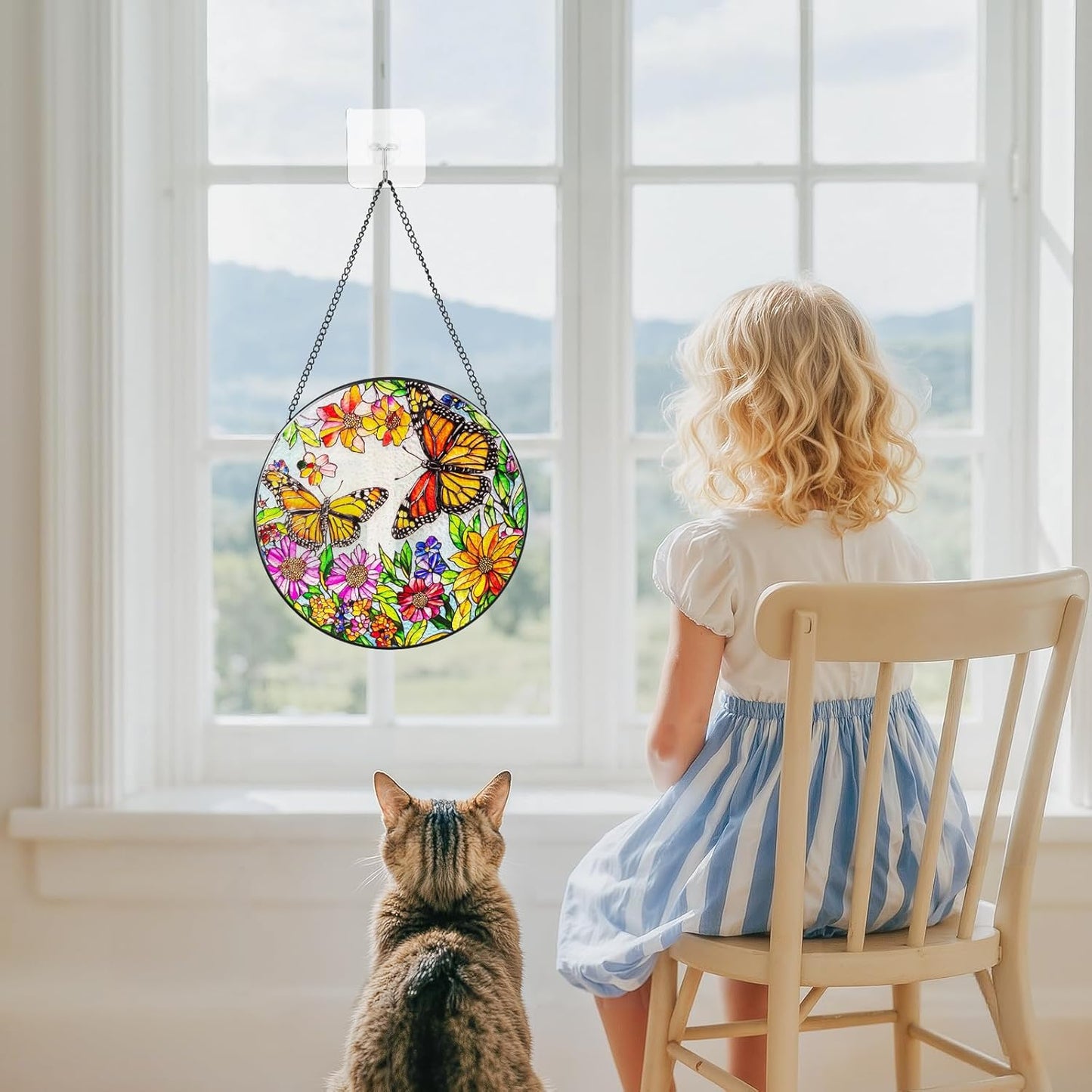 Suncatcher Stained Glass Window Hanging - Butterfly Glass Panel with Metal Chain and Hooks Handmade Sun Catcher Decoration for Window Garden Home Christmas & Birthday Gifts (8 Inch)