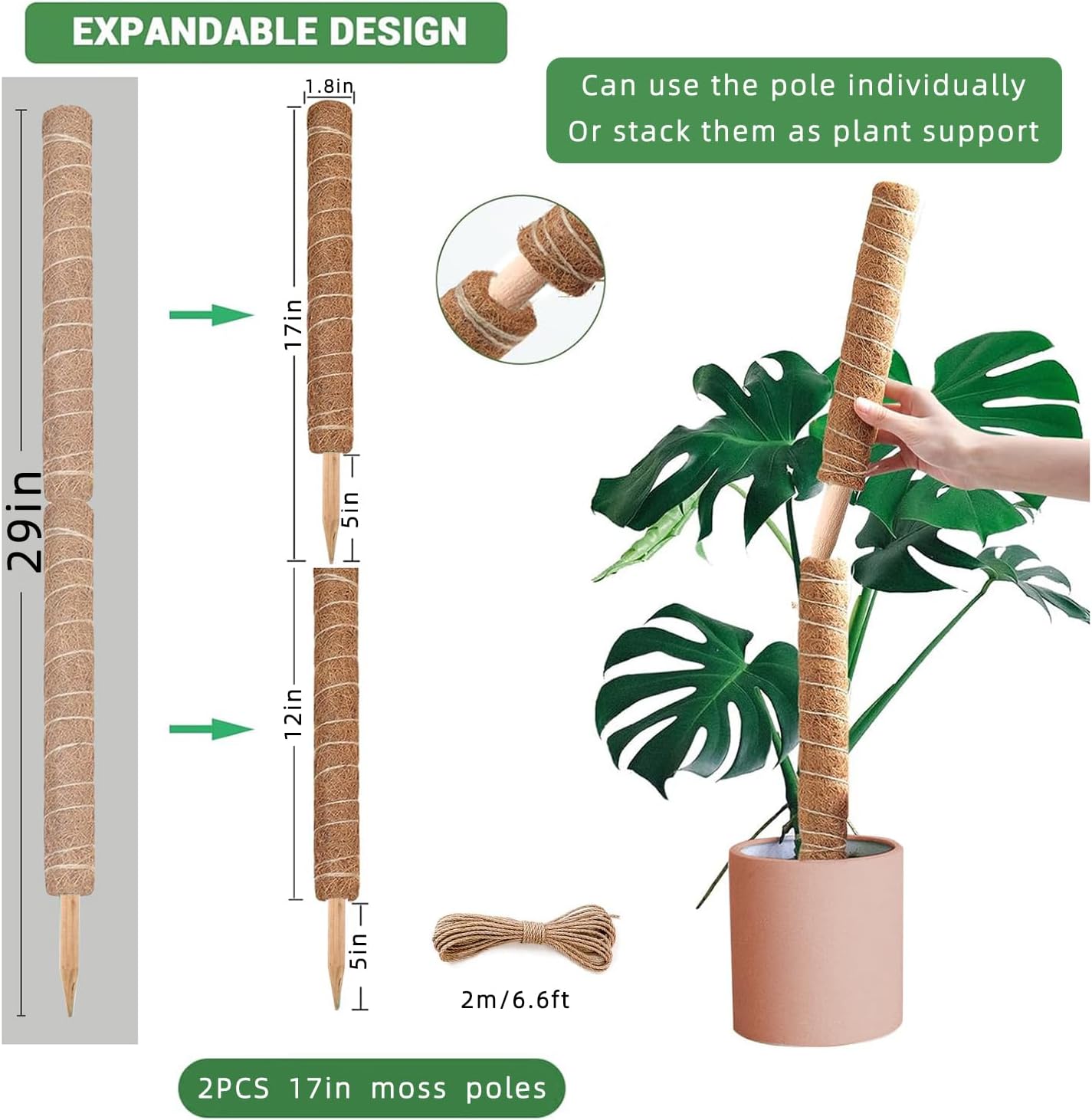 Moss Pole - 2 Pack: 17 Inch Coir Plant Support - Stackable - For Climbing Plants