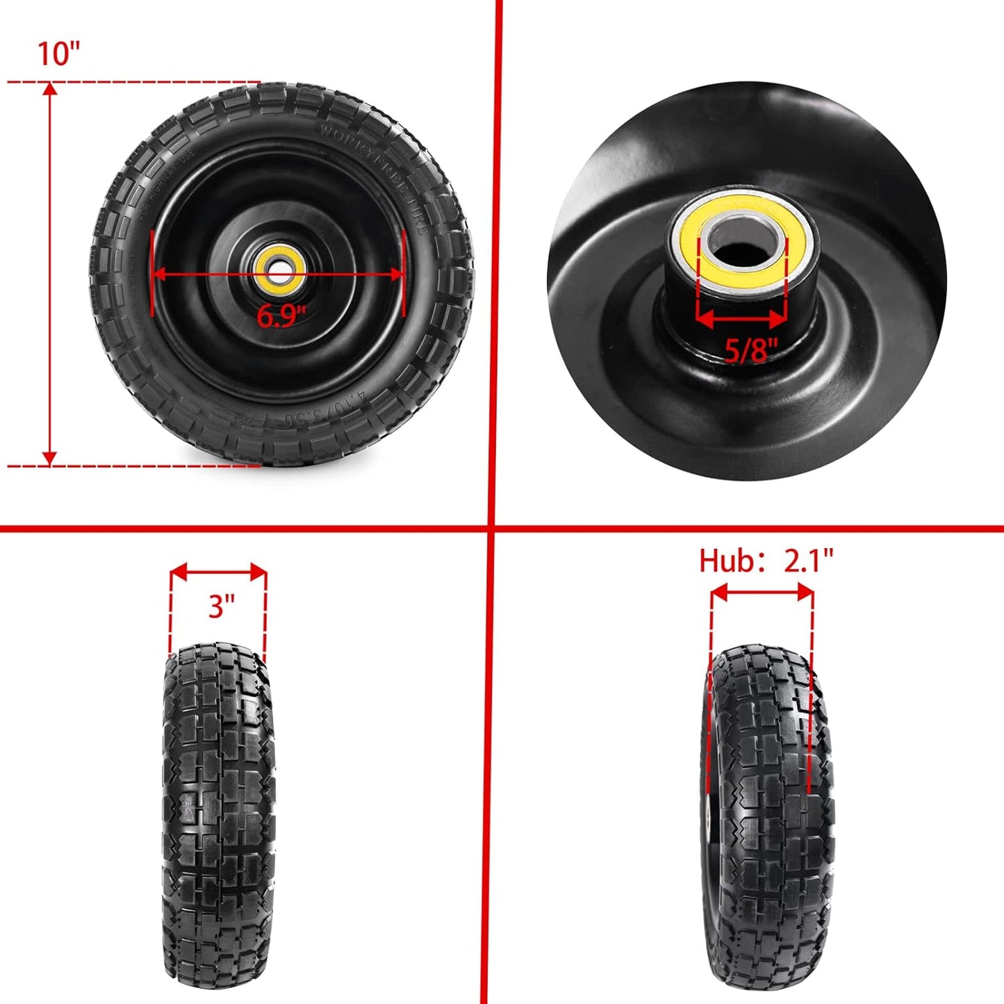 Fit Gorilla Carts Wheels 10" No Flat Replacement Wheel, 4.10/3.50-4 Flat Free Solid Tire Compatible with Gorilla Cart,Hand Truck,Garden Cart-5/8 Axle Bore Hole 2.1" Hub (2 Pack)