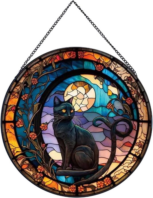 Black Cat Stained Glass Window Hangings,Suncatcher Stained Glass for Windows for Cat