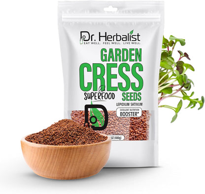 Dr. Herbalist Garden Cress Seeds 14.1oz (400g) – Premium Halim, Aliv, Haleem, Rashad, Watercress (Lepidium Sativum) – Superfood Seeds for Eating – Natural Nutrition Booster – Resealable Freshness Bag