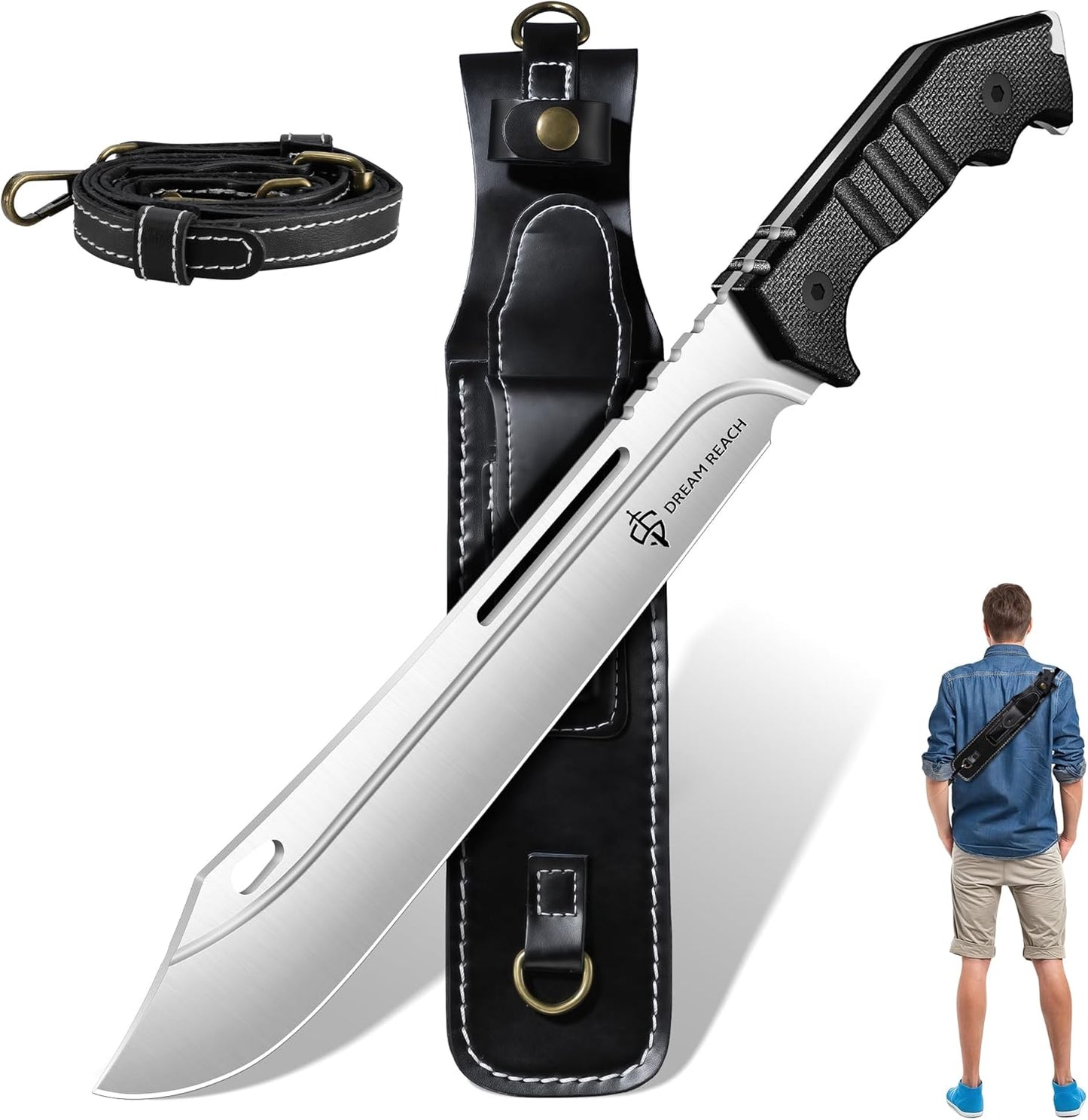 Dream Reach Heavy Duty Machete - Portable Full Tang Outdoor Knife with Sheath Strap for Camping Hiking Gift for Men 9.6 Inches