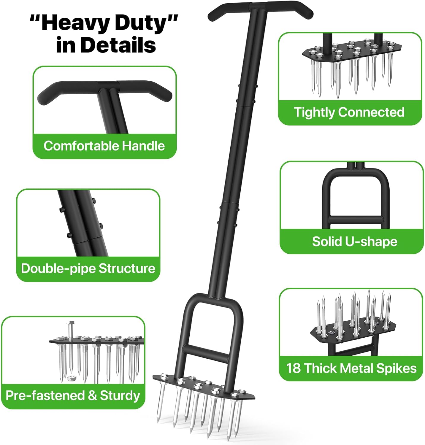 Lawn Aerator Spike Aeration Tool, Manual Air Aerator Tool for Lawn with Iron 18 Spikes, 38.8 Inch Hand Aerator for Grass, Yard, Heavy Duty Lawn Aerating Tool with Double-Pipe Handle, T-Grip, Black