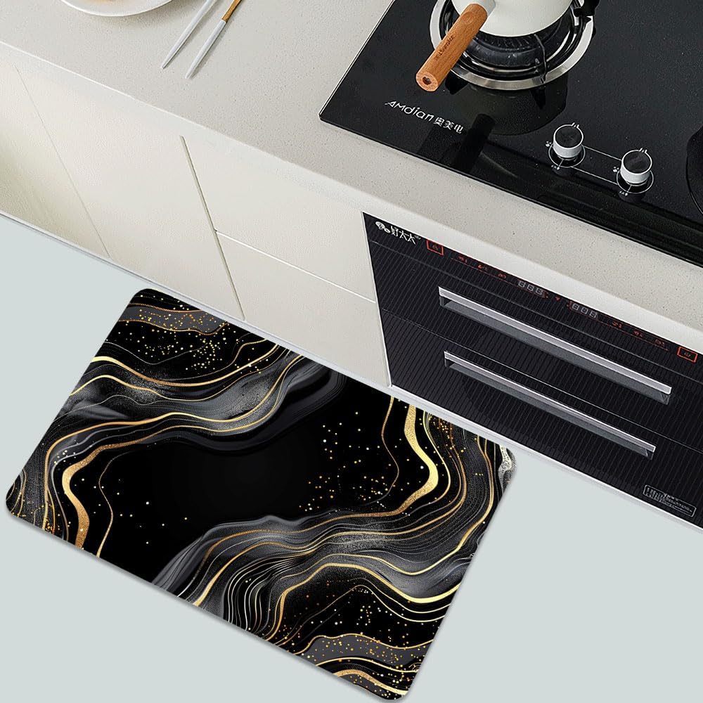 Bath Mat-Bathroom Rug，Black and Gold Abstract Marble-Absorbent Non Slip Quick Dry Stain Resistant Easy to Clean Care Shower Rug for Bathtub Shower Room 16×24Inch (40 * 60cm)