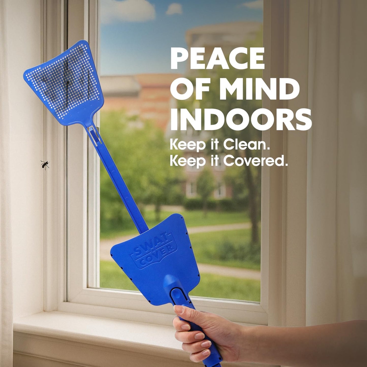 Improved Fly and Bug Swatter w/Integrated Cover, Flexible Bug Smasher for Flies and Bugs Swatting, Surface-Friendly Design, Adjustable Racket Handle - Fly Swatter for Indoors (Pack of 2)