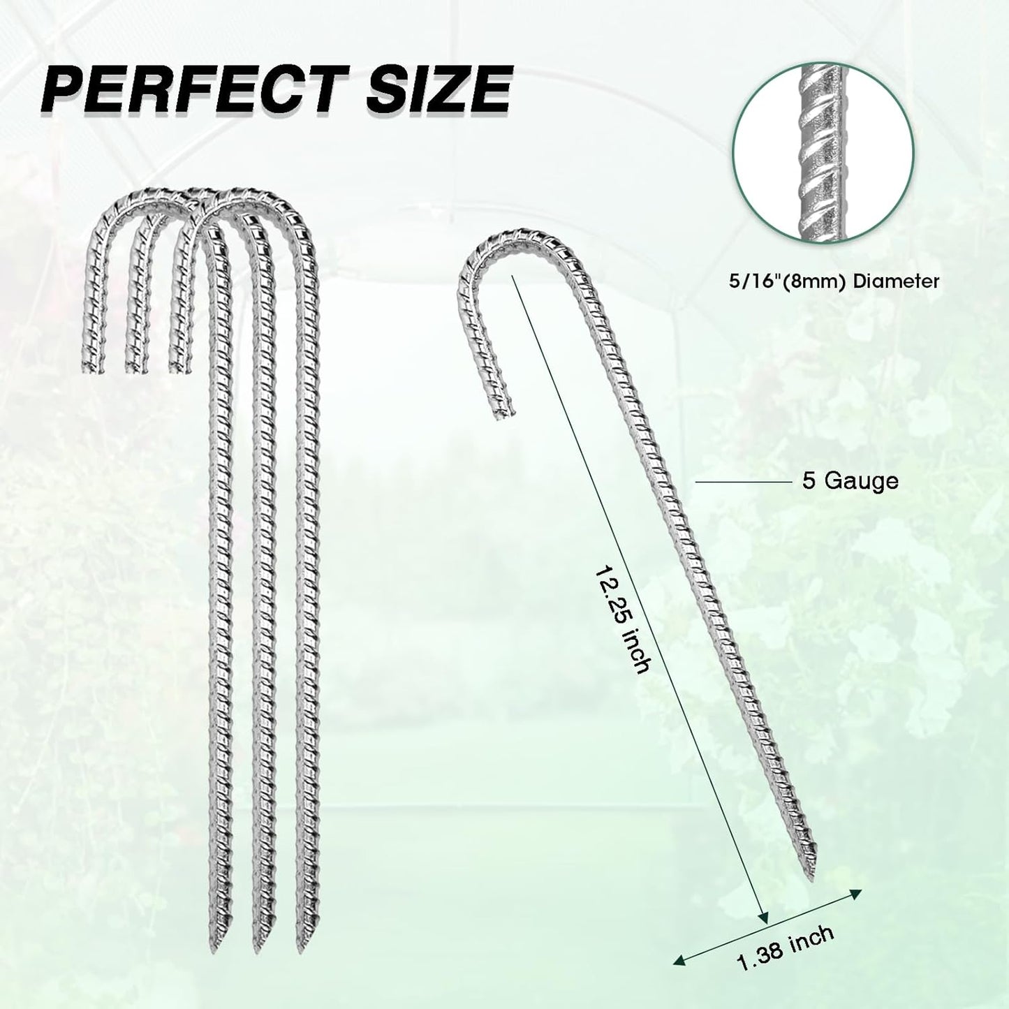 12 Inch Rebar Stakes Heavy Duty, 6 Pack Garden Stake J-Hook, Galvanized Rust Proof Metal Stakes for Tent, Landscape,Outdoor Decorations, Fabric Ground Cover, Tube Fixing (Silver, J-12in-6pc)