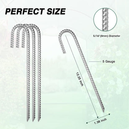 12 Inch Rebar Stakes Heavy Duty, 6 Pack Garden Stake J-Hook, Galvanized Rust Proof Metal Stakes for Tent, Landscape,Outdoor Decorations, Fabric Ground Cover, Tube Fixing (Silver, J-12in-6pc)