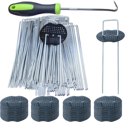 150 Pack Landscape Staples with 150 Gaskets, 8-Inch Garden Stakes, 11 Gauge Galvanized U-Shaped Pins for Weed Barrier Fabric