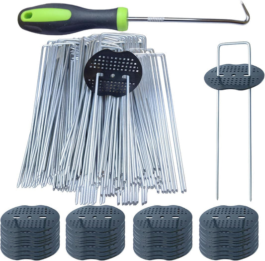 150 Pack Landscape Staples with 150 Gaskets, 8-Inch Garden Stakes, 11 Gauge Galvanized U-Shaped Pins for Weed Barrier Fabric