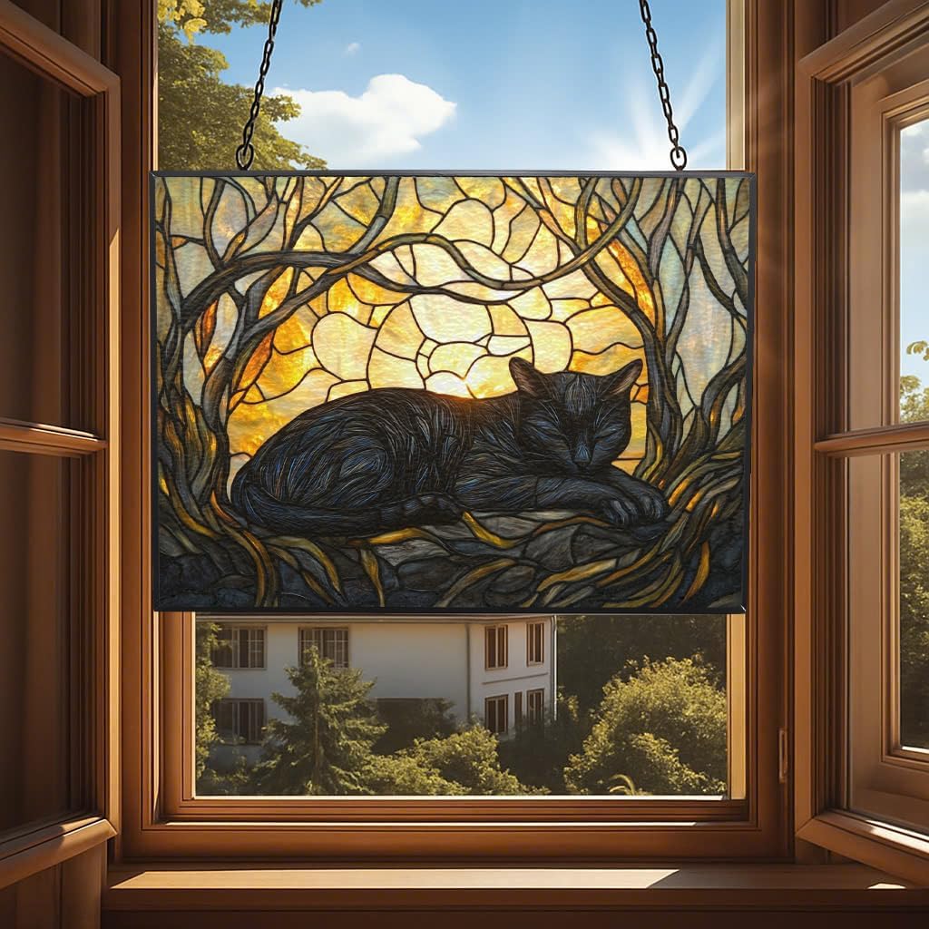 Rectangle Art Nouveau Black Cat Sunbeam Stained Glass Window Hanging Customized Suncatcher Glass Panel with Metal Chain Sun Catchers Wall Art Home Decor Gift for Women Mother's Day