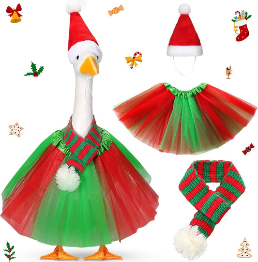 3 Pcs Christmas Porch Goose Outfit for 23'' Lawn Porch Goose Statue Clothes Santa Hat Tutu Costume for Xmas Yard Lawn
