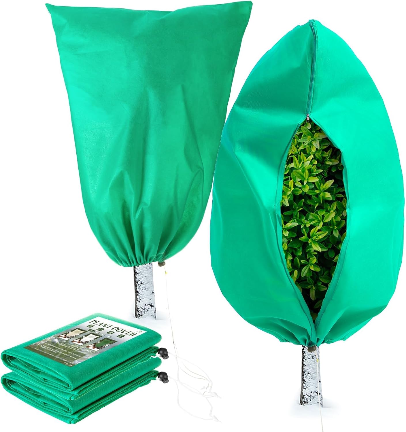 Homimp Plant Covers Freeze Protection, 2 Pack Frost Covers with Zipper Drawstring (71" x 82.7") Plant Protection Cover Bags for Outdoor Winter Frost Cold Weather Shrubs Trees Jacket Covers(Green)