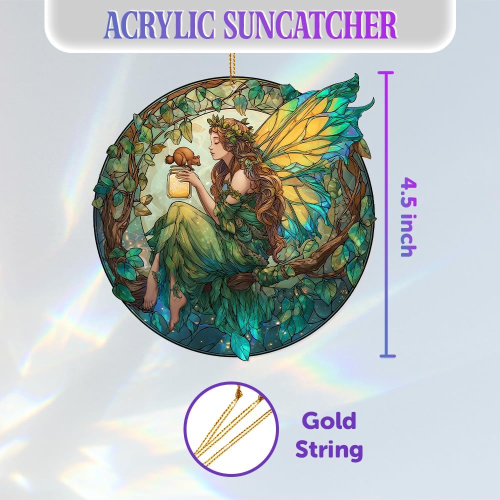 Fairy Ornament Acrylic Suncatcher – Enchanted Forest Fairy Sitting in Circle with Squirrel, Stained Glass Style Window Hanging Decor, Christmas Ornament Gift for Women, Fantasy Home Decor, (Sun-34)