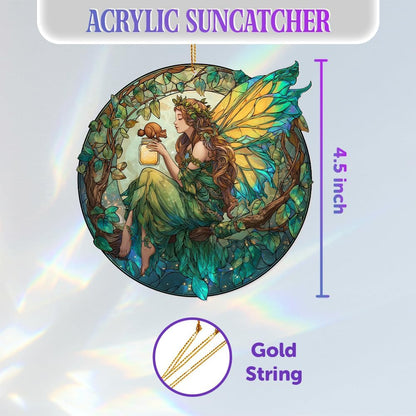 Fairy Ornament Acrylic Suncatcher – Enchanted Forest Fairy Sitting in Circle with Squirrel, Stained Glass Style Window Hanging Decor, Christmas Ornament Gift for Women, Fantasy Home Decor, (Sun-34)