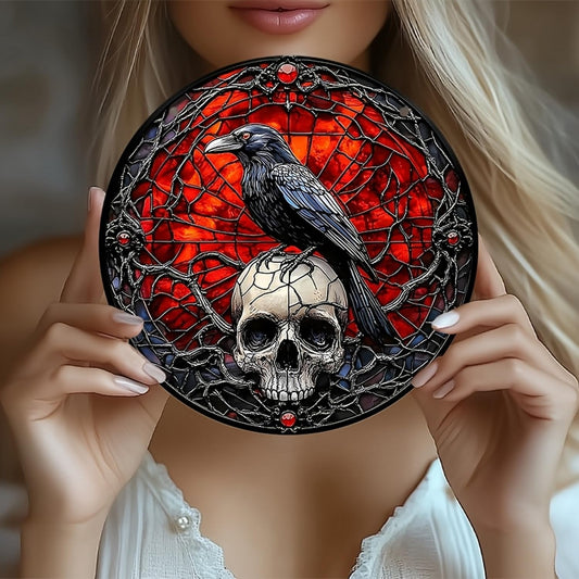 Halloween Sun Catchers Indoor Window Raven Skull Goth Window Decoration Black Goth Acrylic Decoration Black Red with Chain for Home Garden Housewarming Ornaments Gifts for Women Friend Party 7.87 Inch