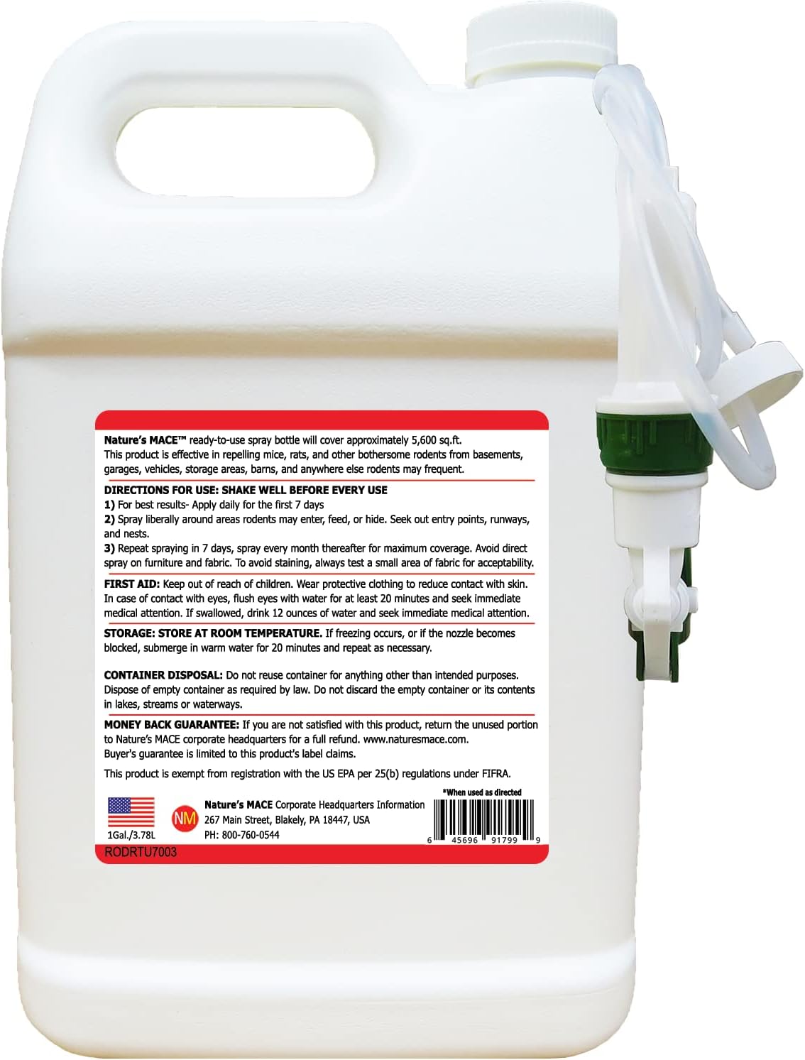 Nature's MACE 1 Gal Rodent Repellent Spray, Mouse & Rat Control for Car Engines, Repel Mice, Indoor & Outdoor Spray, Stop Rodent Damage in House, Car, RV, Attic, Garage, Stops Nesting & Wire Chewing
