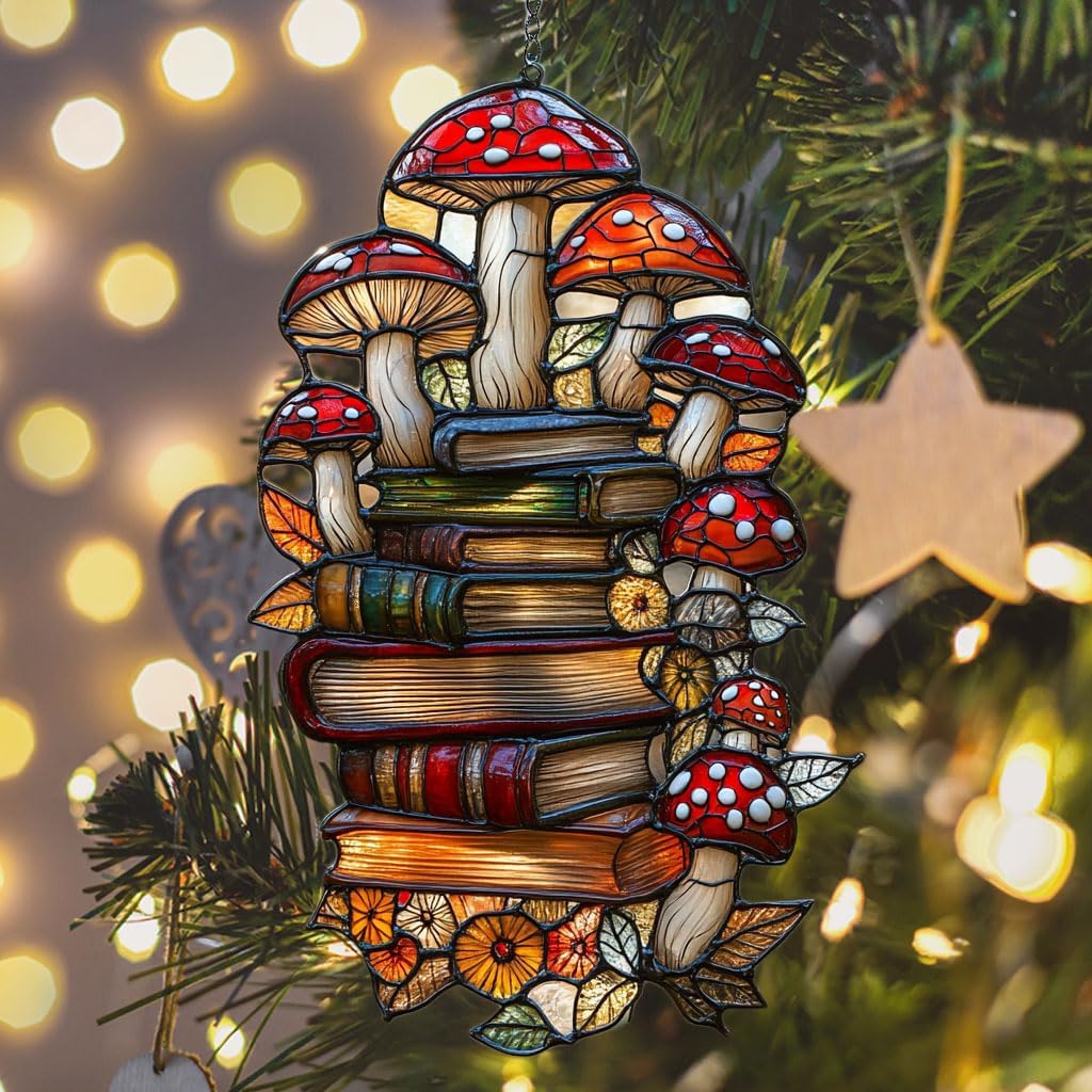 Forest Mushroom Books Acrylic Suncatcher Stained Glass Effect Window Car Hanging Christmas Ornament Indoor Outdoor Decor Garden Sun Catcher Panel for Book Lover for Women Mom Grandma