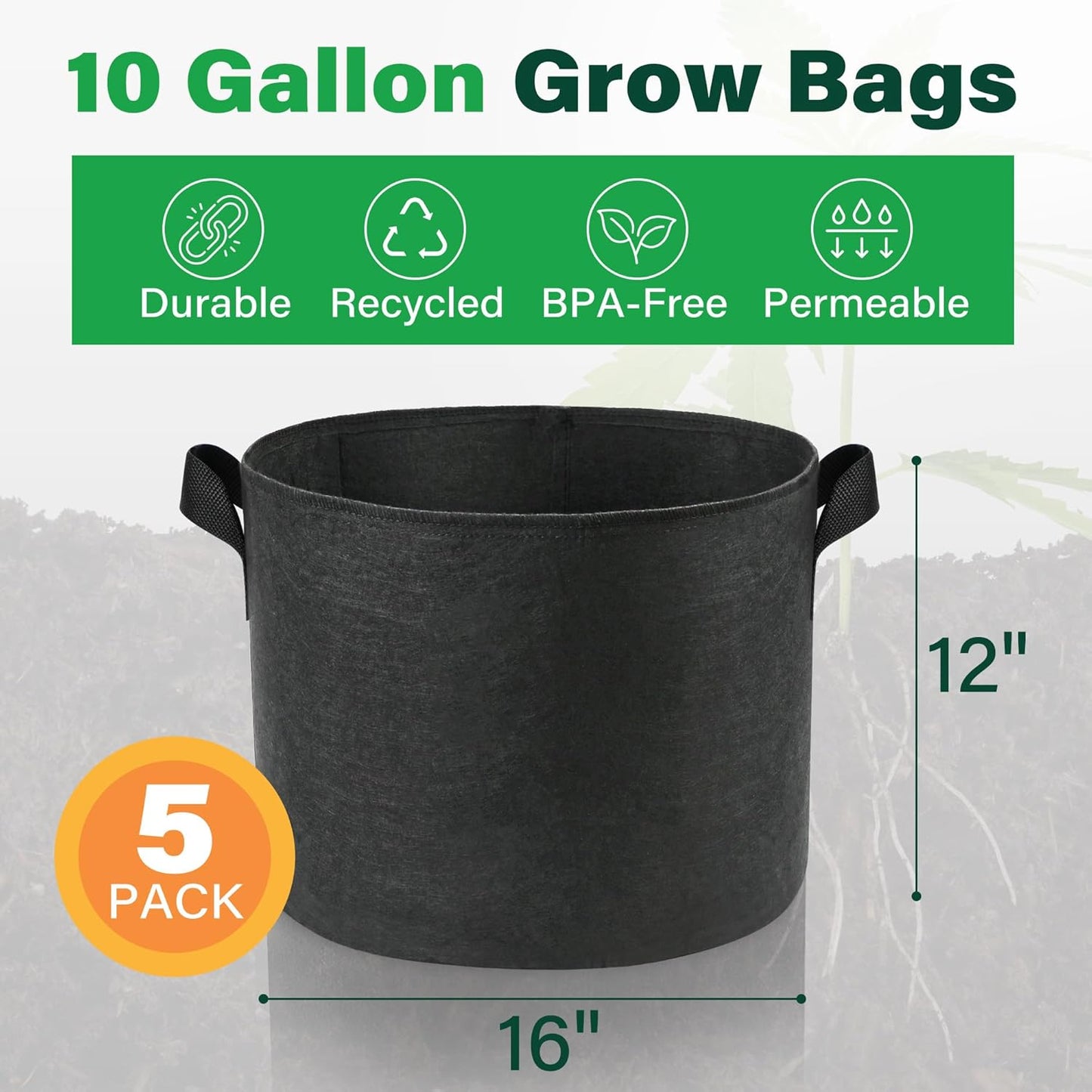 LotFancy 5-Pack 10 Gallon Grow Bags, Thickened Nonwoven Aeration Fabric Pots with Reinforced Handles, Heavy Duty Gardening Planter Containers for Vegetables Flowers Fruits, Black