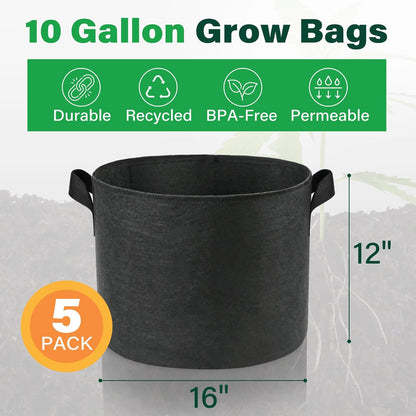 LotFancy 5-Pack 10 Gallon Grow Bags, Thickened Nonwoven Aeration Fabric Pots with Reinforced Handles, Heavy Duty Gardening Planter Containers for Vegetables Flowers Fruits, Black