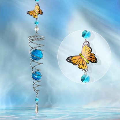 FONMY Butterfly Sun Catcher Gazing Ball Wind Spinner Rainbow Maker Silver Spiral W/ K9 Blue Crystal Ball Christmas Gfit Tree Hanging Ornament Indoor Outdoor Garden Decor. 19.5inch H