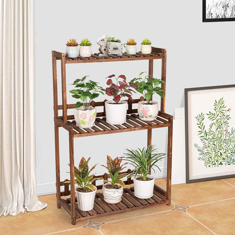 Ufine 3 Tier Wood Plant Stand Vertical Plant Dislay Shelf Indoor Ourdoor Plant Rack, Balcony Living Room, Kitchen, Porch Organizer Plants Holder