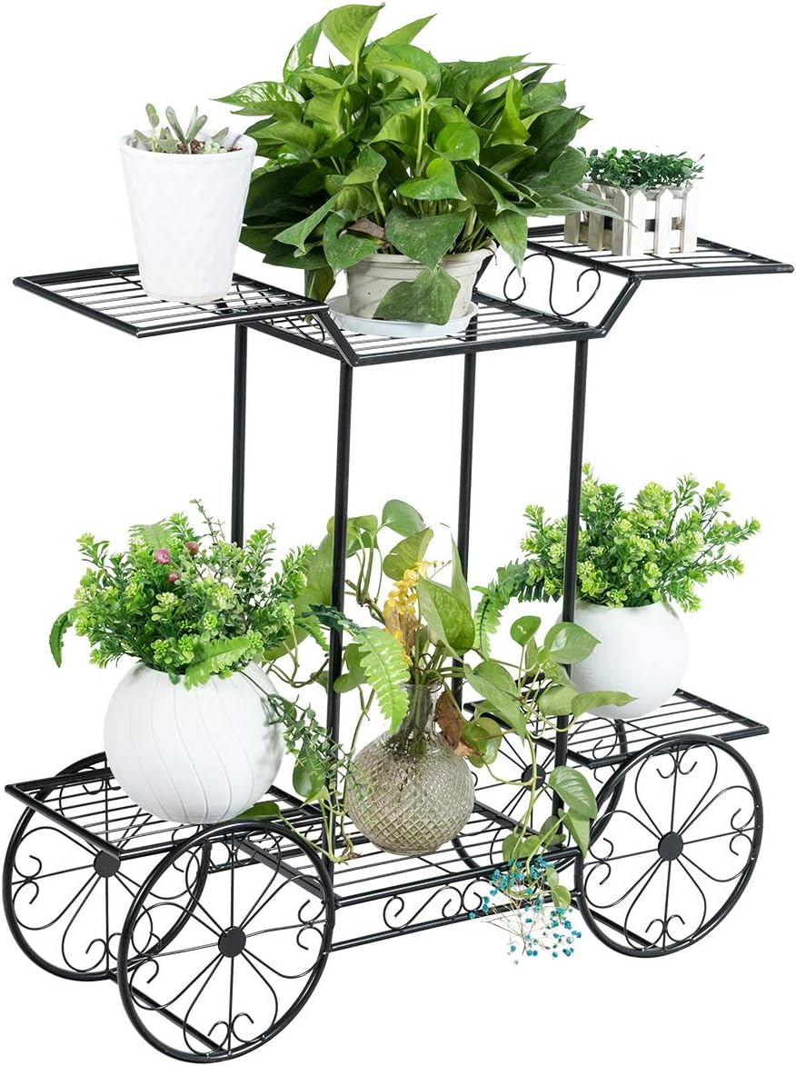 Safstar 6 Tiered Metal Plant Stand w/4 Decorative Wheels, Multilayer Flower Display Shelf for Home, Garden, Patio, Parisian Style Potted Plant Rack Holder