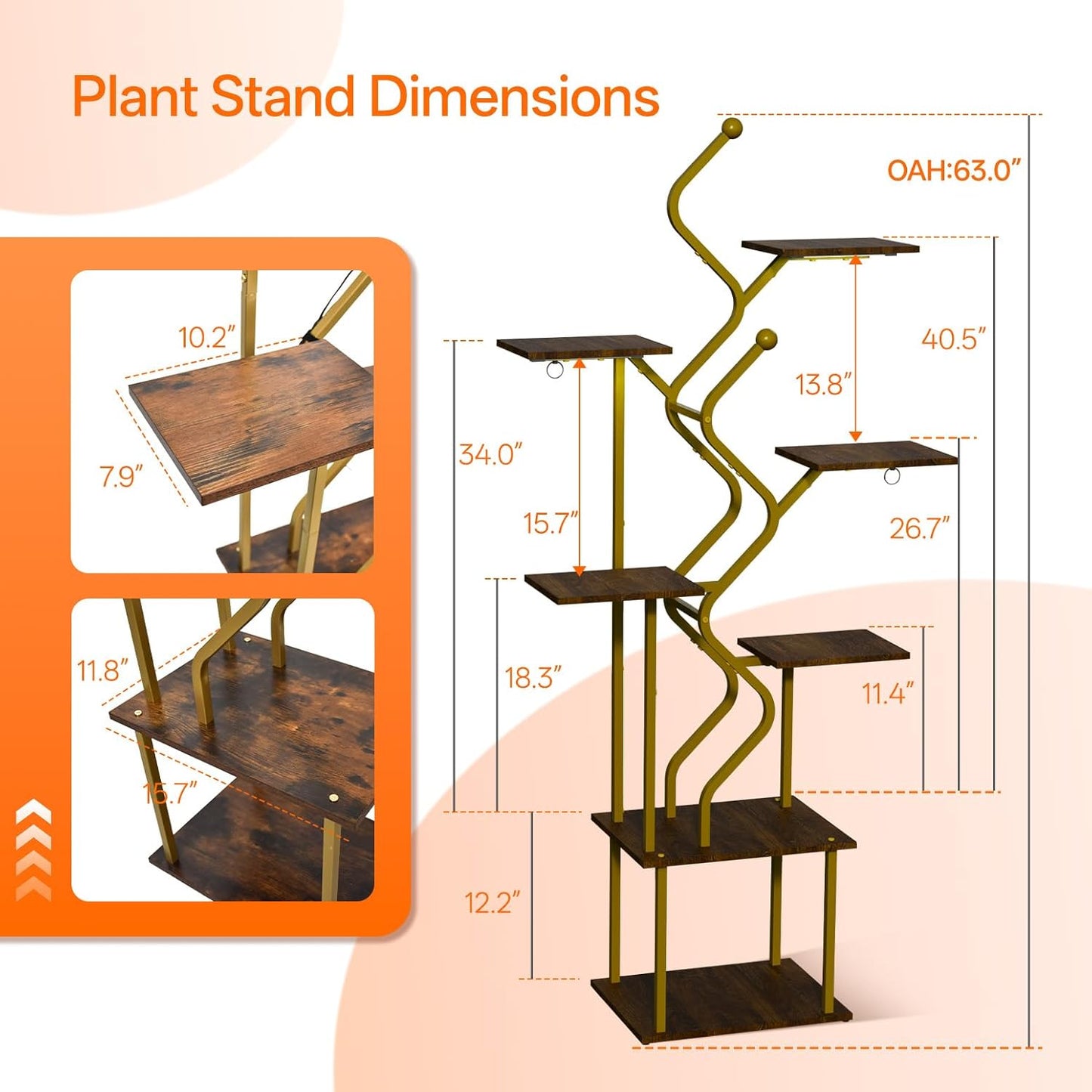 Bstrip 63 Inch Plant Stand with Grow Light, 7-Tier Indoor Plant Shelf with Hanging Hooks, Decor Corner Plant Stand for Living Room & Patio, Gold