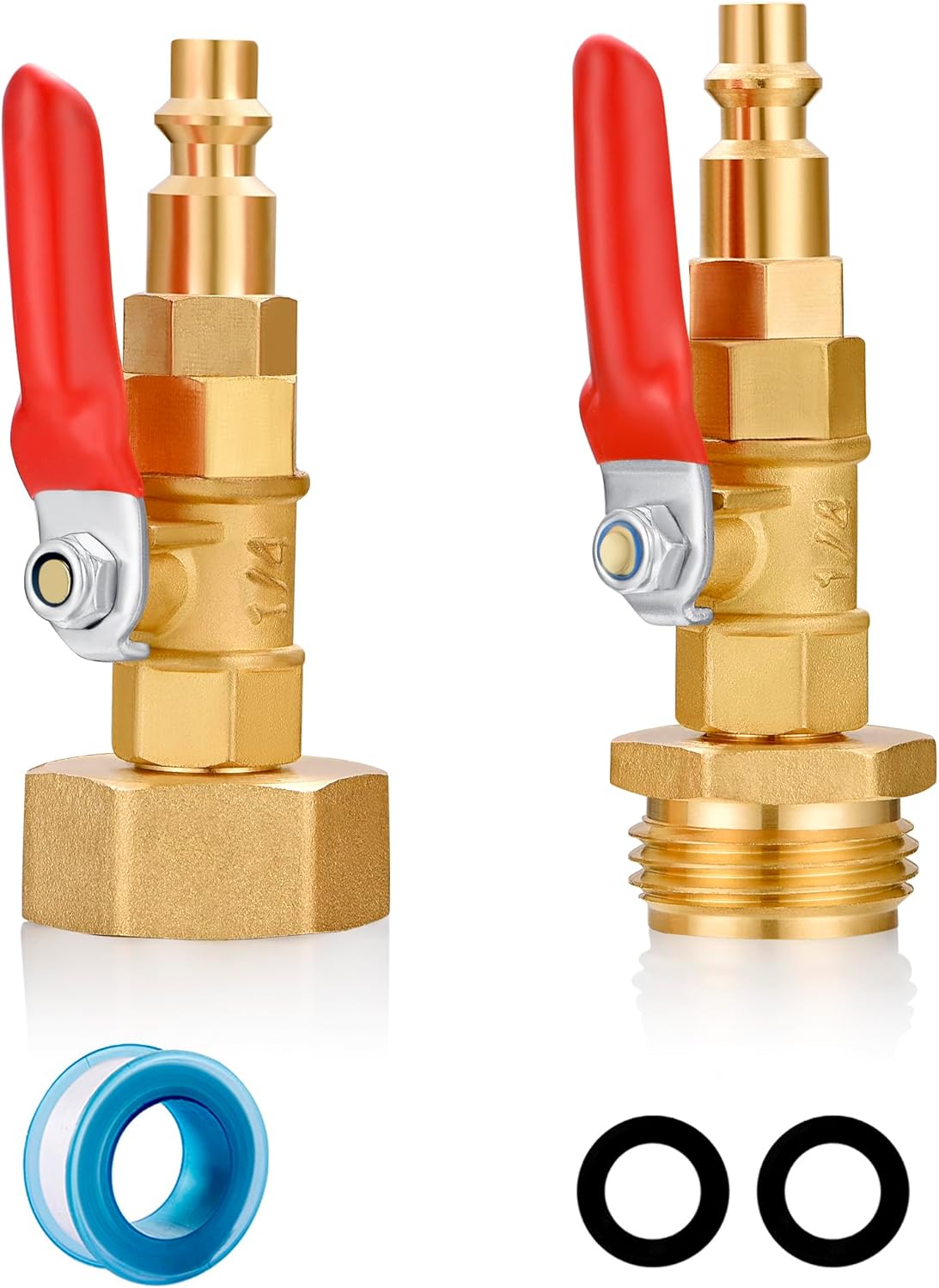 RV Winterize/Winterization Blowout Adapter - Brass with Ball Valve, 1/4" Male Quick Connect to 3/4" Male & Female GHT Garden Hose Thread