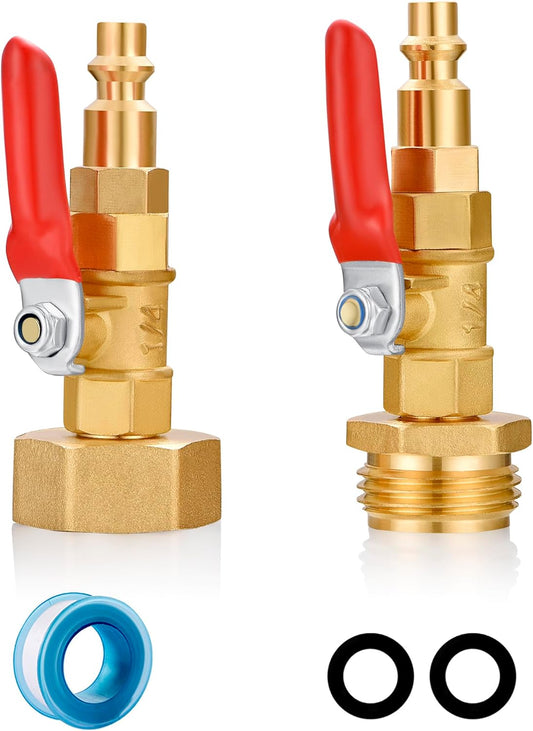RV Winterize/Winterization Blowout Adapter - Brass with Ball Valve, 1/4" Male Quick Connect to 3/4" Male & Female GHT Garden Hose Thread