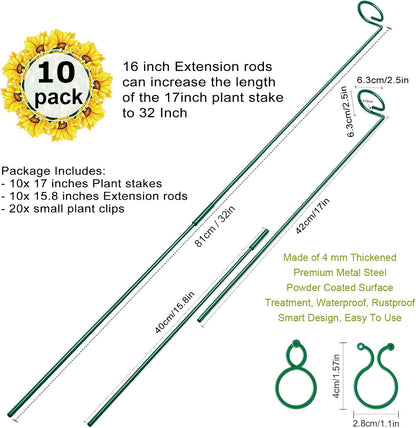 10 Pack Height Adjustable Plant Support Stakes (17" or 32" Inches), Metal Plant Stakes for Indoor Outdoor Plants, Tall Plant Stick Support Ring Cages for Garden Flower Amaryllis Orchid Gladiolus