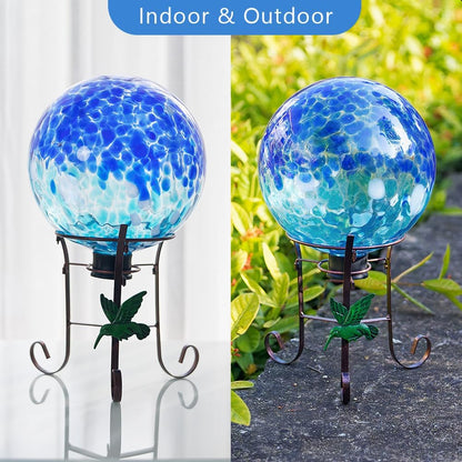 Stargarden Gazing Ball, 10 Inch Gazing Globe, Decorative Glass Balls with Metal Ball Holder, Mixed Blue Globe for Indoor, Outdoor Decor