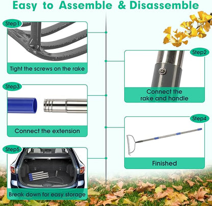 Rake, 60 Inch Garden Bow Rake with 14 Tines, Heavy Duty Stainless Steel Raking Tool for Gardening Landscaping Loosening Soil Leveling Mulching Gravel Gathering Leaf Thatch Lawn Care