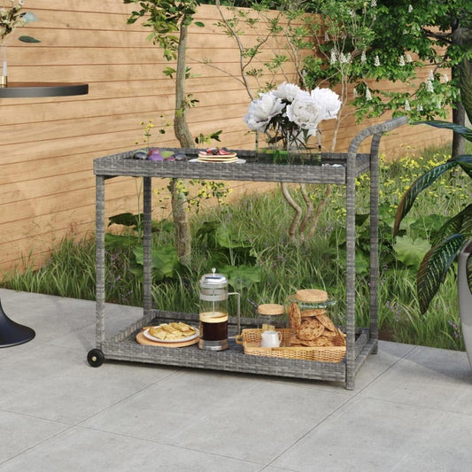 Outdoor Rolling Wicker Bar Cart with Storage Shelves, Portable Bar Cart with Wheels, Patio Kitchen Island Cart for Pool Deck Backyard, Gray 39.4"x17.7"x32.7" Poly Rattan -464
