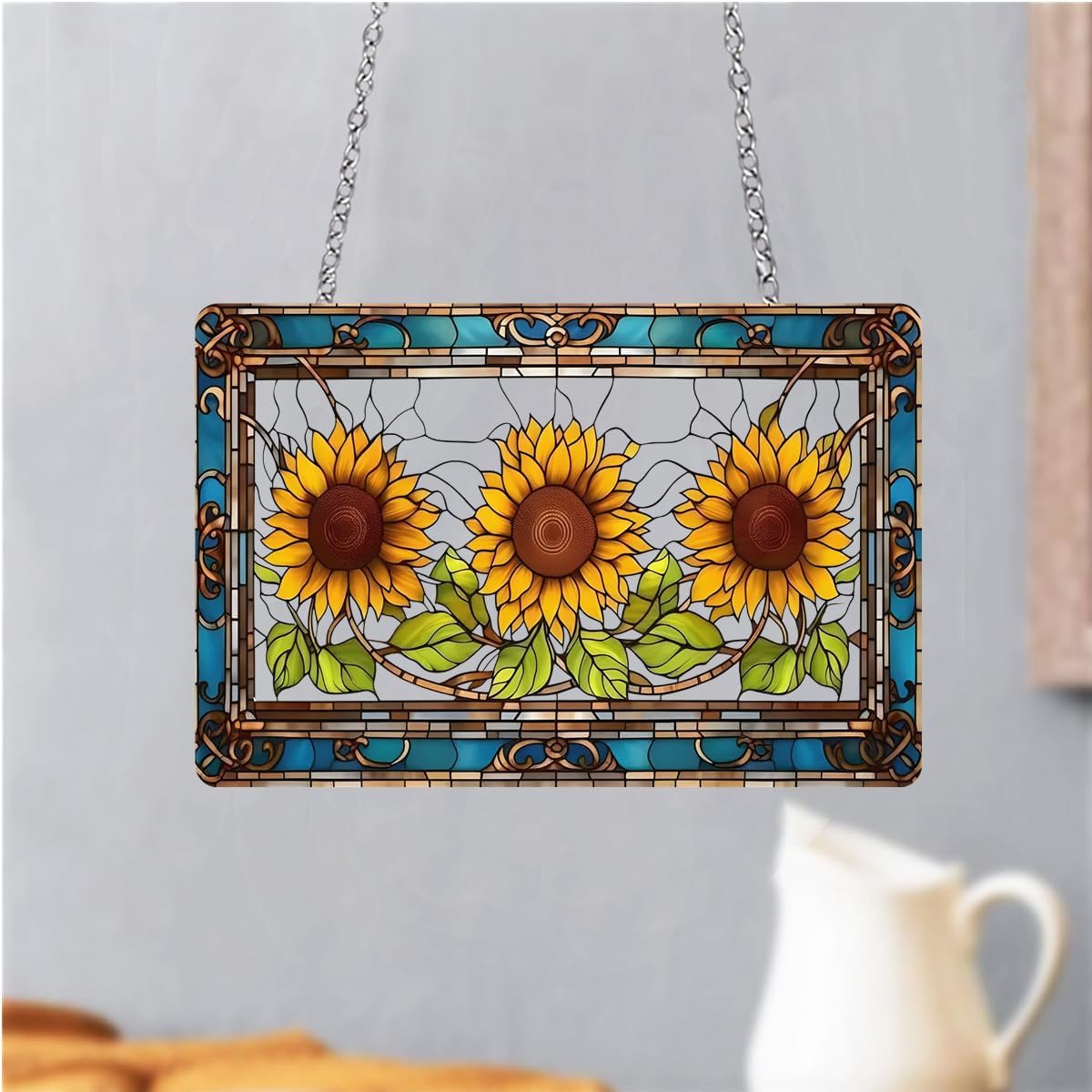 Large Acrylic Sunflower with Green Leaves Window Hanging Decor - Stained Glass Style with Colorful Yellow Flower, Suncatchers for Bedroom, Garden & Home Decoration - Ideal Gift for Mom, Grandma