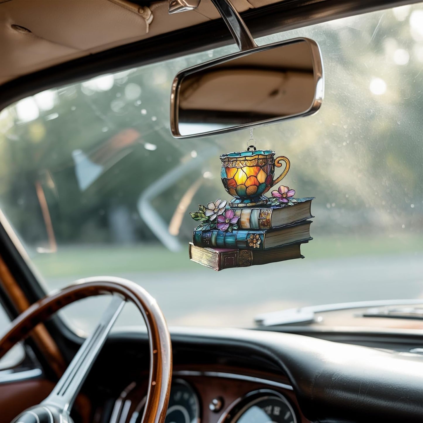 Bookish Teacup Acrylic Suncatcher Stained Glass Effect Window Car Hanging Christmas Ornament Indoor Outdoor Decor Garden Sun Catcher Panel Gifts for Bookworm Lover for Women Mom Grandma