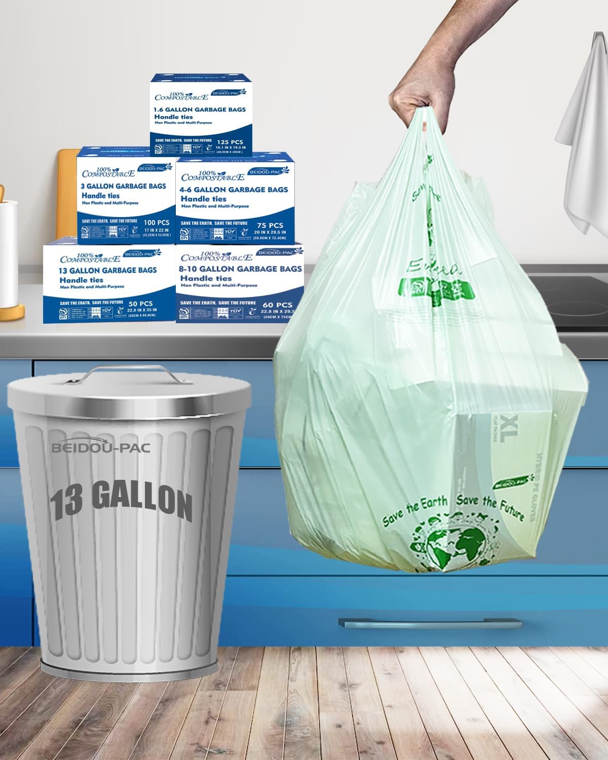 Compostable 13 Gallon Trash Bags, Tall Kitchen Garbage Bags with Handle, Sturdy Biodegradable Compost Bags, 100 Count, US BPI Certified