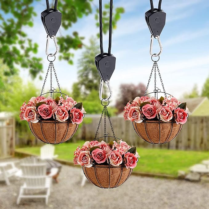 Rope Clip Hanger, 6 Packs 1/8 in Reinforced Adjustable Height Anti-Loose Design Gears Clip for Growing Light Fixtures, Hanging Plants, 8 FT Length 150lbs Weight Capacity