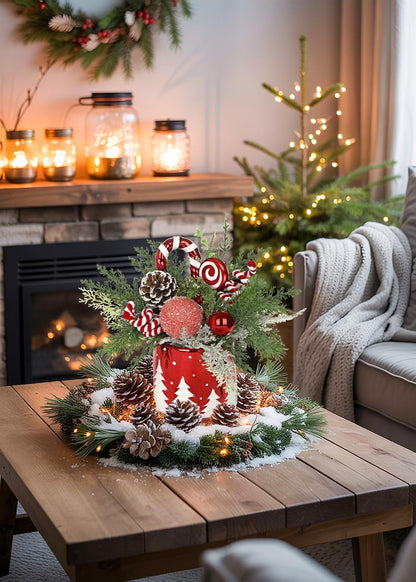 Christmas Centerpieces for Tables, Small Christmas Table Arrangements with Ceramic Vase Red & White Winter Holiday Table Centerpiece with Pine Branches Candy Cane Decor for Tabletop Dinner Tables