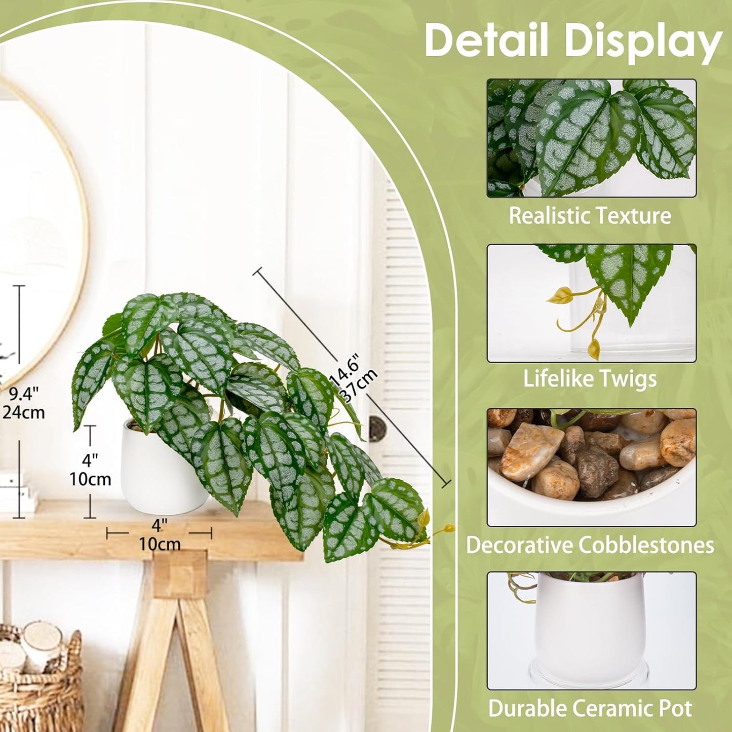 DILATATA Fake Plants Indoor 8 Inch Artificial Watermelon Plant in White Ceramic Pot - Faux Potted Pothos Plant for Home Aesthetic Decor Living Room Shelf Office