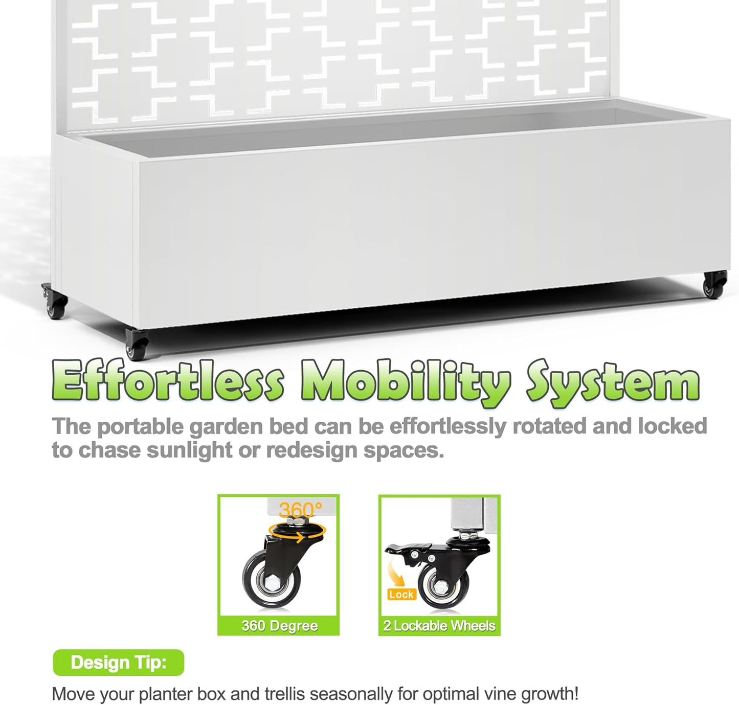 15.7"×70.9"×47.2" Metal Raised Garden Bed with Trellis and Wheels - Tall Trellis Planter Box for Climbing Plants, Vegetables & Vines - Outdoor Privacy Planters for Patio (White-Square)