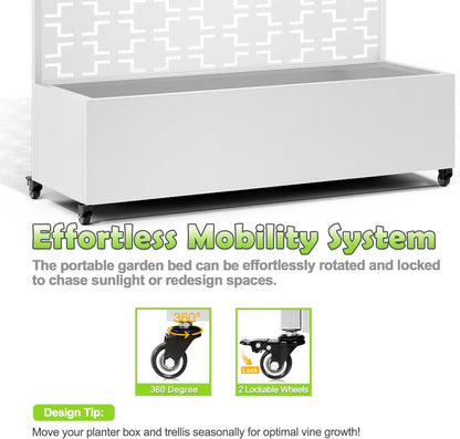 15.7"×70.9"×47.2" Metal Raised Garden Bed with Trellis and Wheels - Tall Trellis Planter Box for Climbing Plants, Vegetables & Vines - Outdoor Privacy Planters for Patio (White-Square)