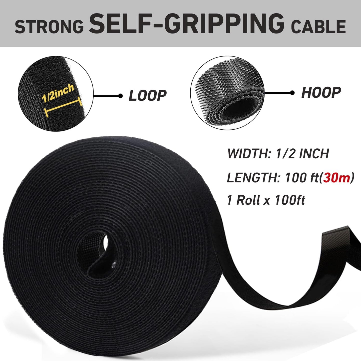 100ft x1/2 in Hook and Loop Roll, Hitotsu Reusable Fastening Tape Cable Ties, Self-Gripping Multi-Purpose Wrap Fasteners for Cord Manage,Home, Office, Electrical Cords, Data Center, Black