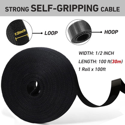 100ft x1/2 in Hook and Loop Roll, Hitotsu Reusable Fastening Tape Cable Ties, Self-Gripping Multi-Purpose Wrap Fasteners for Cord Manage,Home, Office, Electrical Cords, Data Center, Black