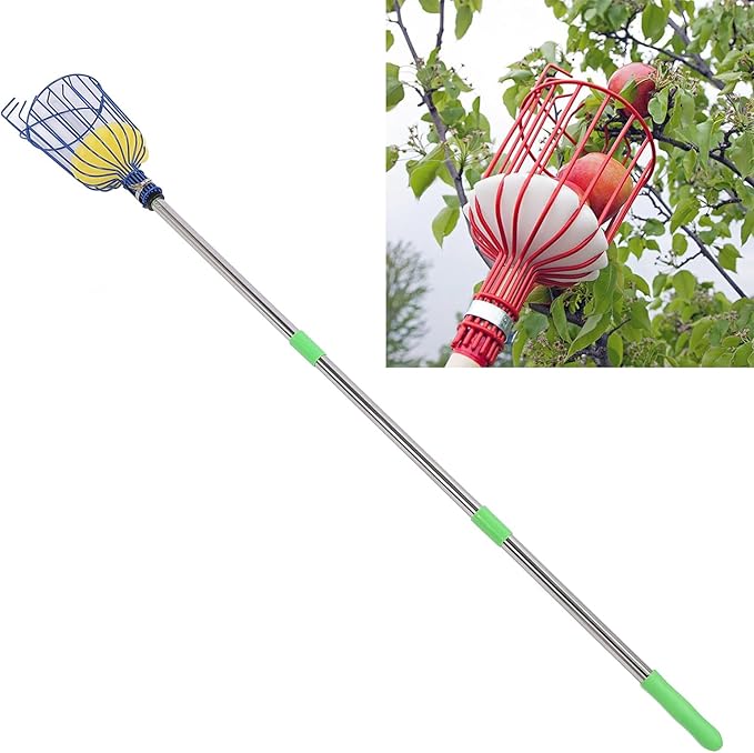 Fruits Catcher,Stainless Steel Fruit Picker Tool with Basket Pole Fruits Catcher Tree Picker Length Adjustable Orange Picker Pole Tool Long Handle Fruit Catcher