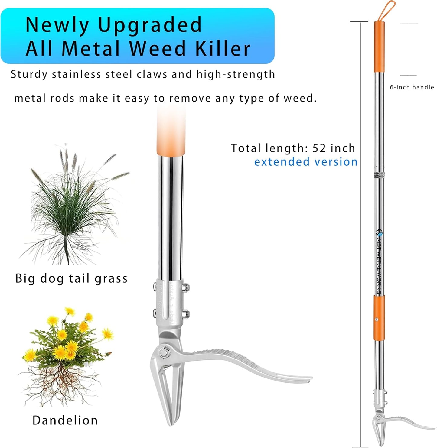 YYMIYU 52" Stand Up Weed Puller Tool – 4-Claw Stainless Steel Weeder with Grass-Pushing & Weed-Ejection Design – Heavy-Duty 0.8mm Steel Handle for Effortless Root Removal