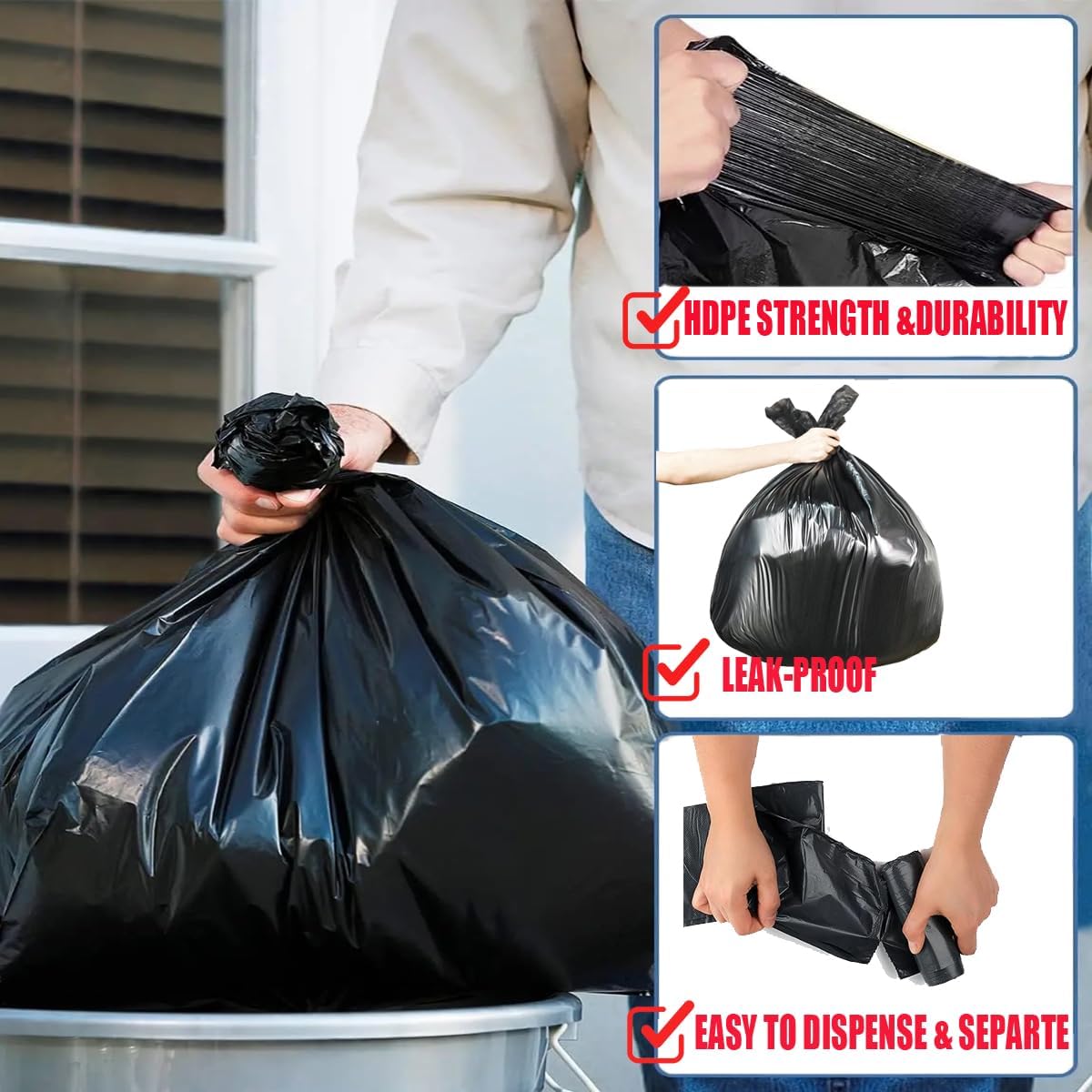 2-4 Gallon Trash Bags, 1000 Count Bulk Value Pack, Black Garbage bags, Small Trash Can Bin Liners for Bathroom, Office, Industrial, Commercial, Janitorial, Municipal, Recycling