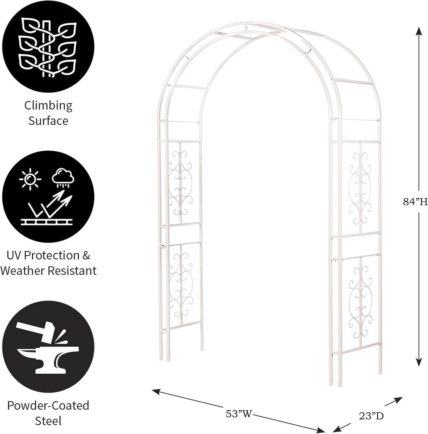Evergreen Plow & Hearth Montebello White Garden Arbor - 7 Feet Tall | Slim Metal Arch with Iron Trellis for Climbing Plants | Elegant Wedding Arbor | Outdoor Patio & Garden Decor
